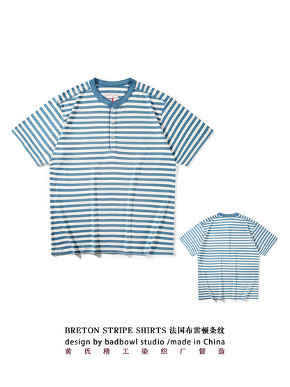 American Retro Sea Soul Shirt 270g Heavy Cotton T-shirt Men's Casual Round Neck Short Sleeve T-shirt Striped Base T-shirt