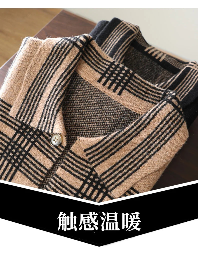 100% Merino Wool Men's Lapel Collar Knit Cardigan Coat 2025 Spring/ Autumn New POLO Neck Grid Suit Shirt Cashmere Jacket Sweater