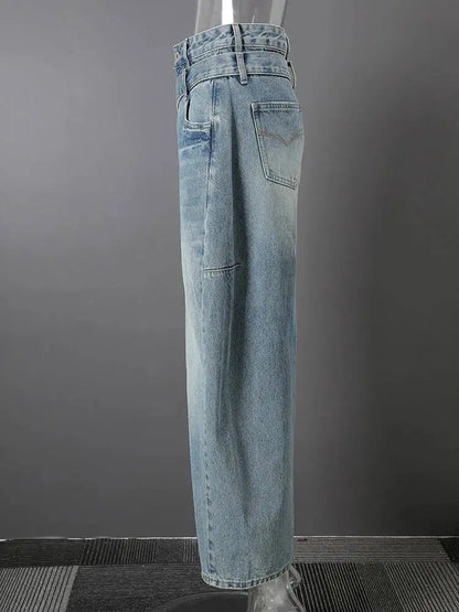 DEAT Fashion Cross Buckle Waist Baggy Jeans Women's High Waist Loose Fit Vintage Blue Denim Pants Sumemr New