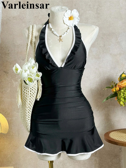 V Neck Halter Ruffled Frilled Women Swimwear One Piece Swimsuit Female Backless Monokini Padded Bather Bathing Suit Swim V7809