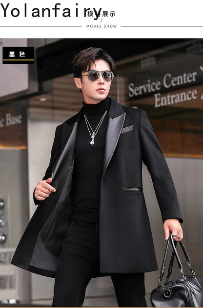 YOLANFAIRY 2025 Autumn Genuine Sheepskin Patchwork Wool Coat Man Clothing Men's Mid-length Suit Windbreaker Trendy Woolen Jacket