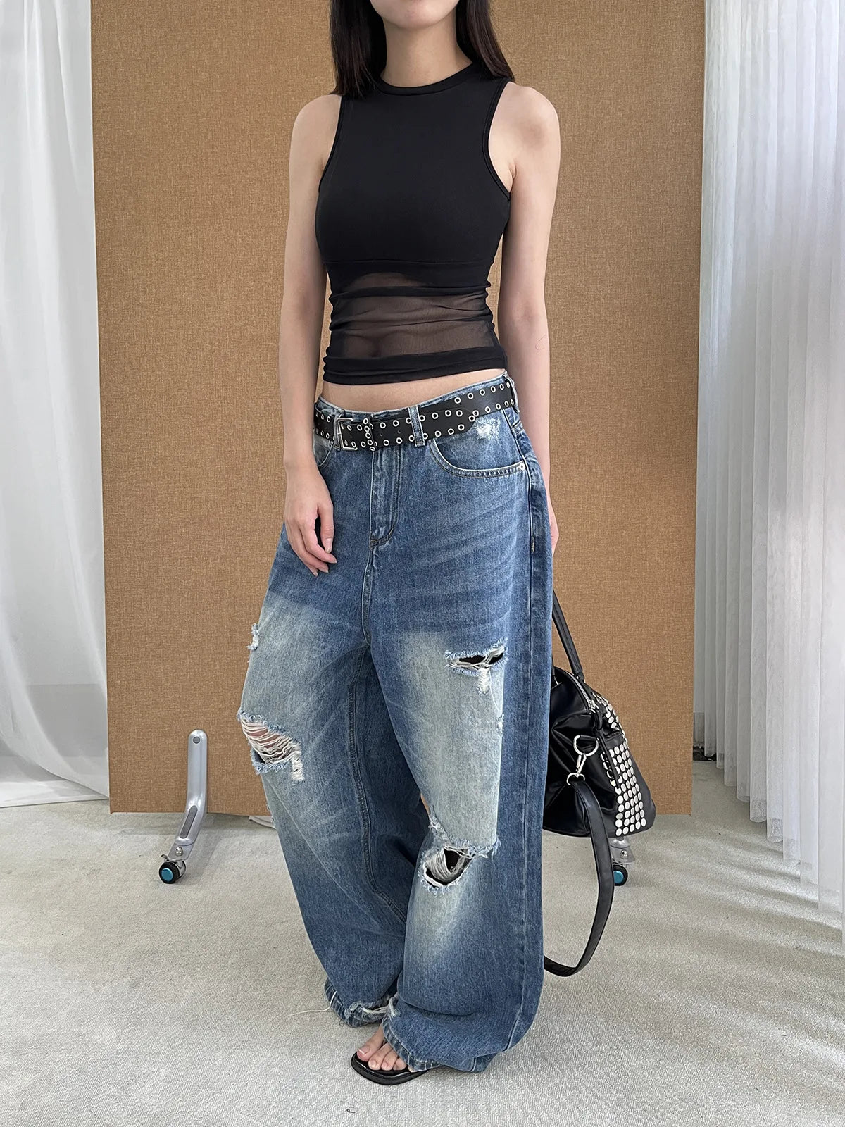DEAT Fashion Washed Ripped Hole Vintage Straight Jeans Women's High Waist Long Wide Leg Blue Denim Pants Summer New