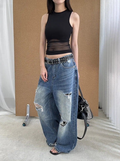 DEAT Fashion Washed Ripped Hole Vintage Straight Jeans Women's High Waist Long Wide Leg Blue Denim Pants Summer New