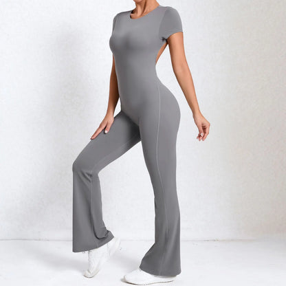 Women's Tracksuit Yoga Set Backless Jumpsuits Back V One Piece Fitness Rompers Short Sleeves Sportswear Gym Set Workout Clothes