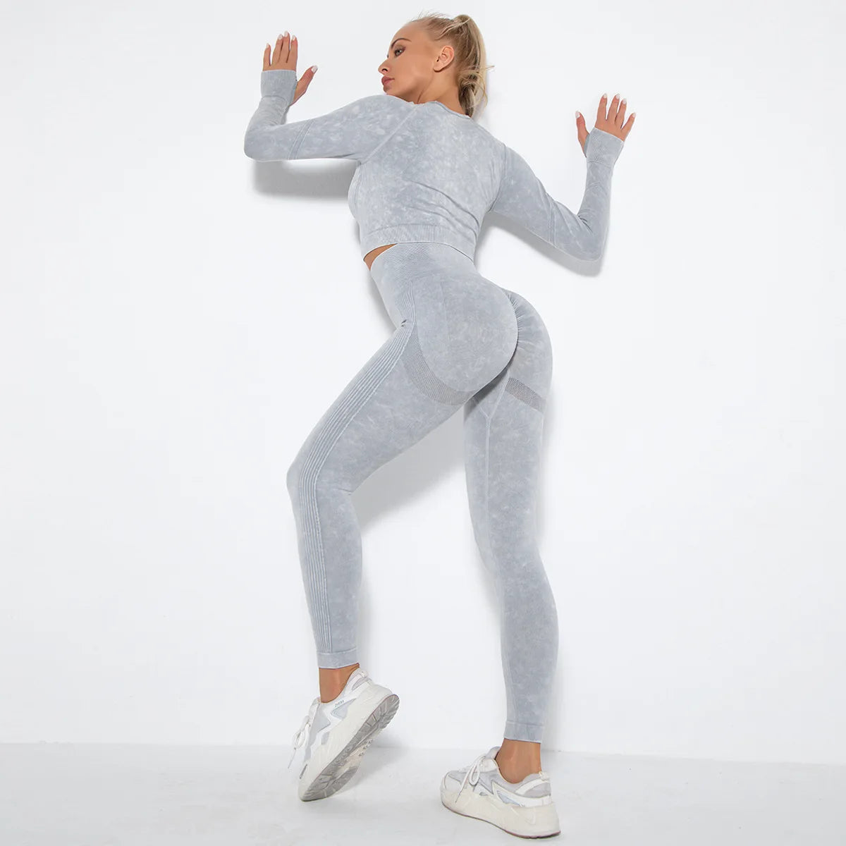 Women Seamless Tracksuit Yoga Set 2PCS Workout Clothes Athletic Wear Gym Legging Fitness Bra Crop Top Long Sleeve Sports Suits