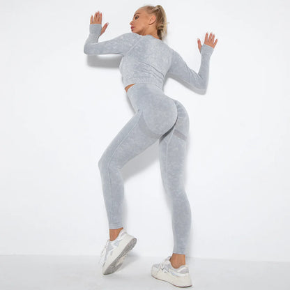 Women Seamless Tracksuit Yoga Set 2PCS Workout Clothes Athletic Wear Gym Legging Fitness Bra Crop Top Long Sleeve Sports Suits
