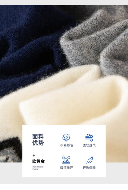 Autumn Winter 100%Wool Knit Pullover Men's O-Neck Color Block Sweater Jumper Fashion Thicken Loose Tops Clothing Warm Base Shirt