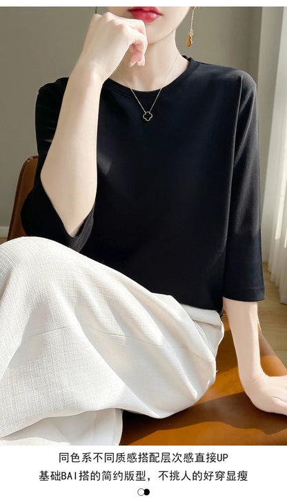 Spring And Summer New White Mercerized Cotton Short Sleeve T-Shirt Feminine Joker Cotton Cropped Sleeve Bottoming Shirt