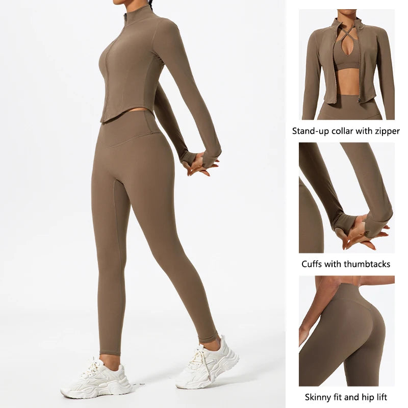 Hearuisavy Summer Ultra-Soft Fabrics 2Pcs Long Sleeve Gym Set Women Quick-Dry Yoga Clothes Workout Leggings Suit Sports Jackets
