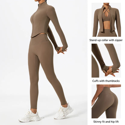 Hearuisavy Summer Ultra-Soft Fabrics 2Pcs Long Sleeve Gym Set Women Quick-Dry Yoga Clothes Workout Leggings Suit Sports Jackets