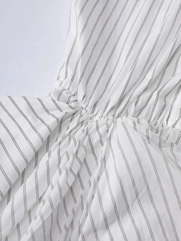 DEAT Fashion Striped Wrap Tie Waist Shirt Mini Dress Women's Lapel Asymmetric Ruched Hem Striped Bodycon Dresses Summer New