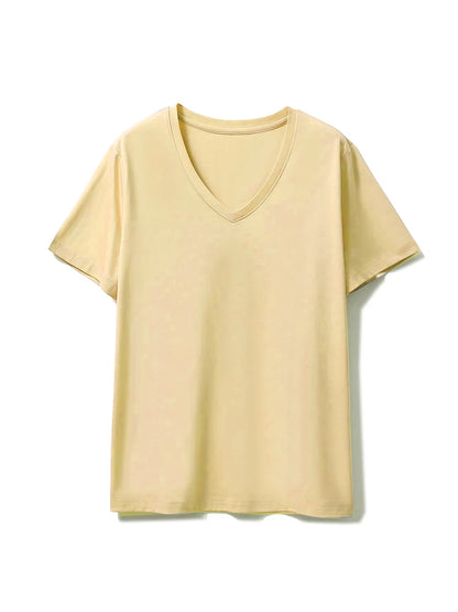 SuyaDream,Women Solid T shirts, 10%Silk 58%Cotton, V Neck, Short Sleeved Tee, 2025 Summer Candy Colors Basic Cozy Top