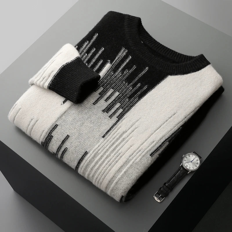 Men's 100% Merino Wool Color-Blocked O-Neck Sweater Long Sleeves Fashion Pullover Cashmere Loose Soft Warm Leisure Clothing Top