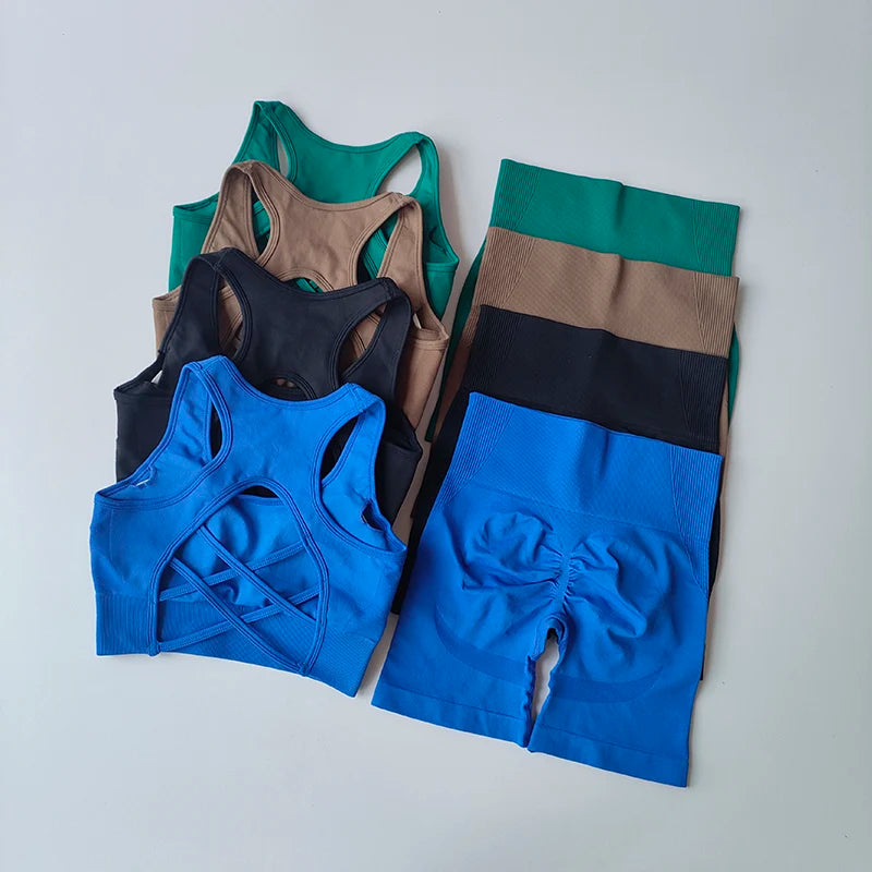 2 PCS Women Seamless Yoga Set Sexy Sport Bra + High Waist Sports Shorts Gym Clothing Fitness Sleeveless Shorts Suit Sporstwear