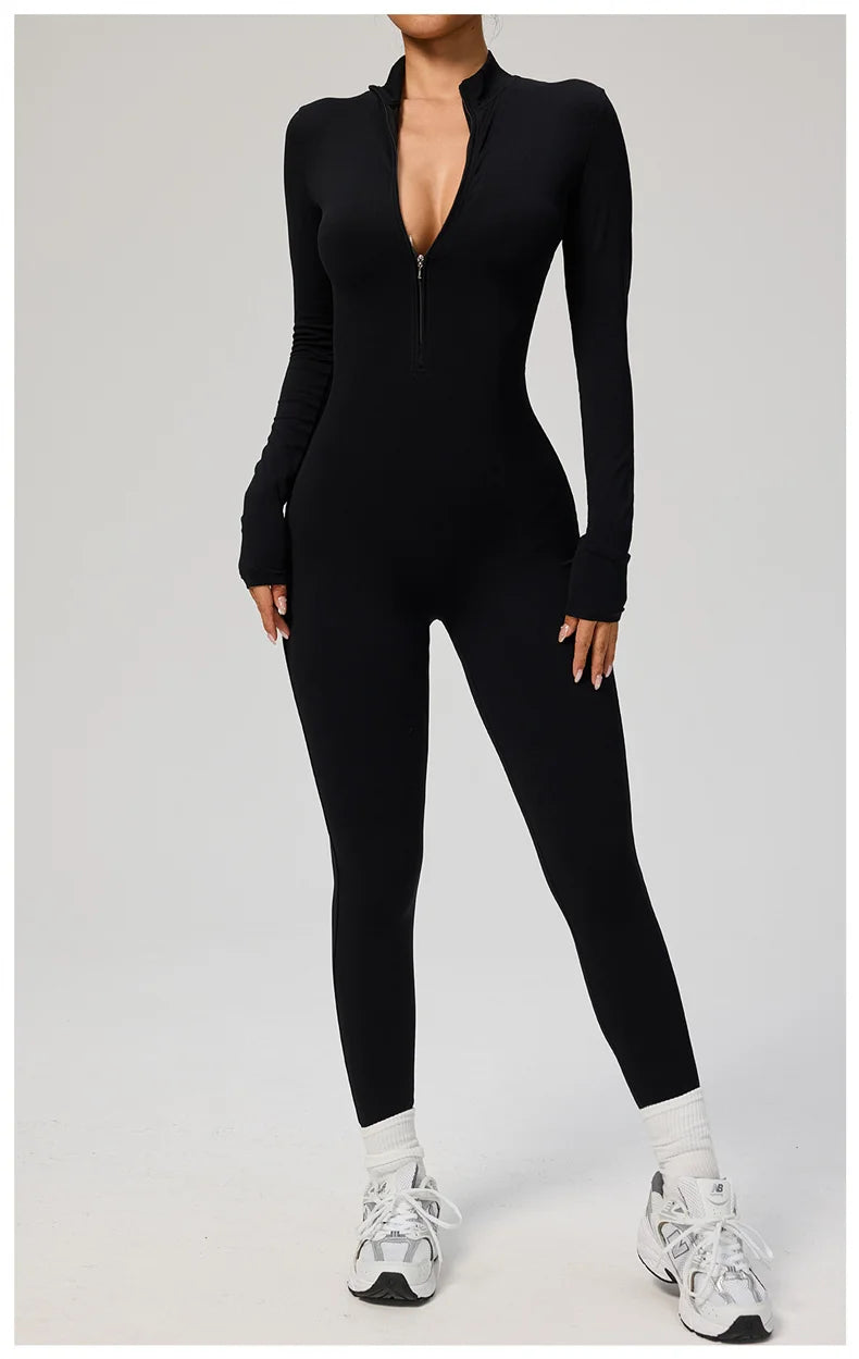 TRY TO BN Women's Jumpsuit Long Sleeve Zipper Shapewear Bodysuit Yoga Fitness One Piece Tights Gym Clothing Mono Deportivo Mujer