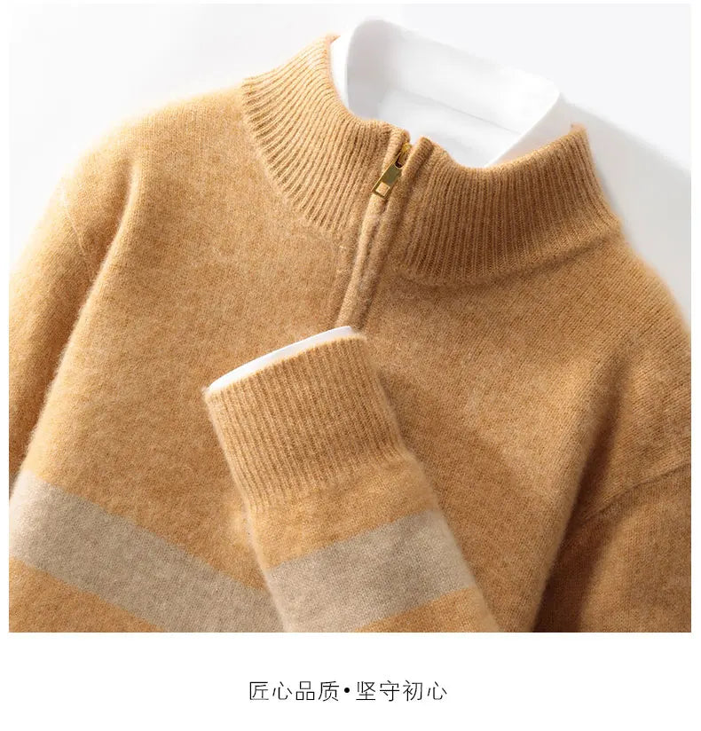 Men's 100% Merino Wool Sweater Half-high Collar Half Zip Thick Pullover Autumn Winter Cashmere Stripe Knitwear Long Sleeved Tops