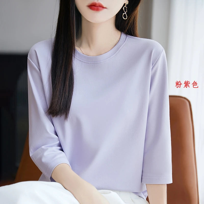 Spring And Summer New White Mercerized Cotton Short Sleeve T-Shirt Feminine Joker Cotton Cropped Sleeve Bottoming Shirt