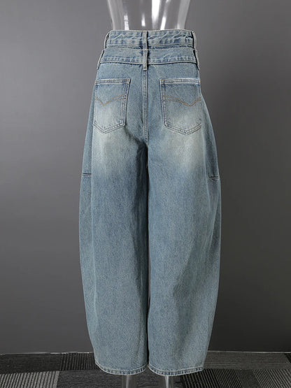 DEAT Fashion Cross Buckle Waist Baggy Jeans Women's High Waist Loose Fit Vintage Blue Denim Pants Sumemr New