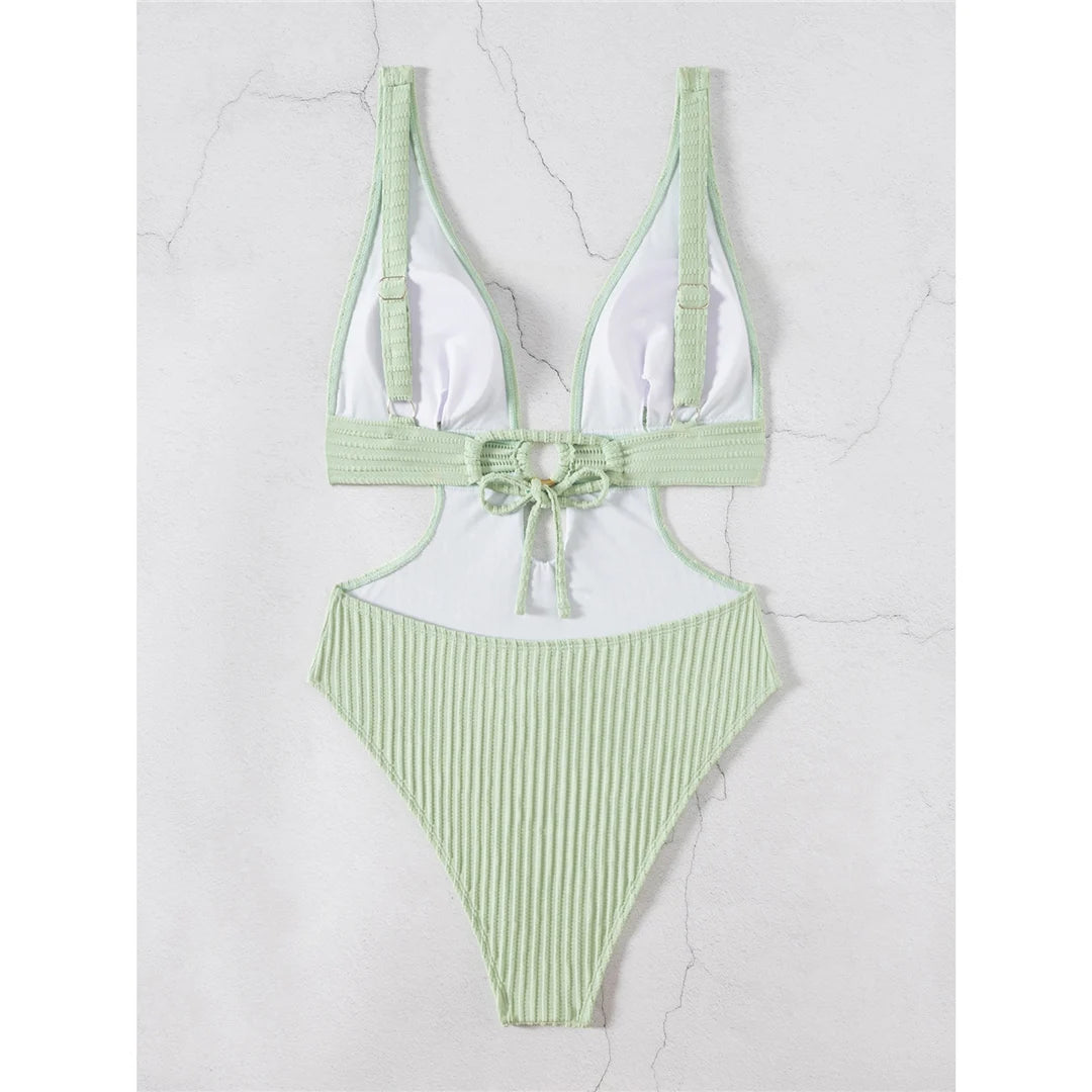 Sexy 8 Colors Deep V Neck Cut Out One Piece Swimsuit Women Swimwear Female High Leg Cut Monokini Bather Bathing Suit Swim V7177