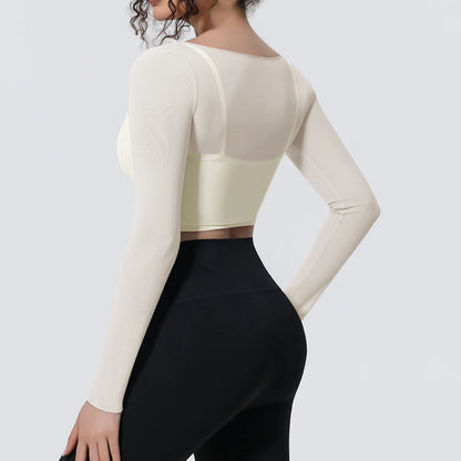 Hearuisavy Women's Mesh Long Sleeve Yoga Top With Padded Bra Fake Two Piece Gym Clothing Fitness Top Quick Dry Sports Crop Top