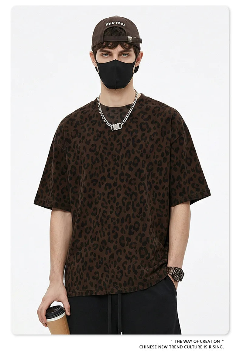 Custom LOGO men's new summer 240G cotton polyester American retro BOXY leopard print short-sleeved T-shirt casual loose top