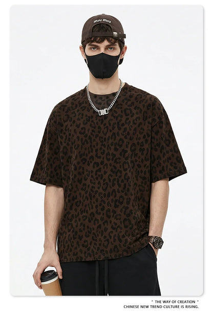 Custom LOGO men's new summer 240G cotton polyester American retro BOXY leopard print short-sleeved T-shirt casual loose top