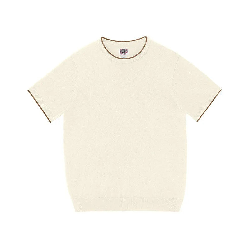 Light Luxury Cashmere Blend Anti Pilling Knitted Short Sleeved Round Neck T-shirt for Men, Retro Casual Business Summer Shirt