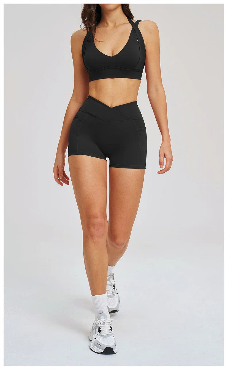 TRY TO BN Women's Tracksuit Shorts Sports Gym Set Halter Neck Fitness Cross Waisted Short Running Two Pieces Suits Yoga Clothing