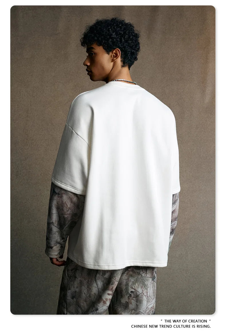 Custom LOGO Men's 2025 Autumn New 340G fleece-lined Fake Two-piece Camouflage Sweater T-Shirt Casual Pants Set