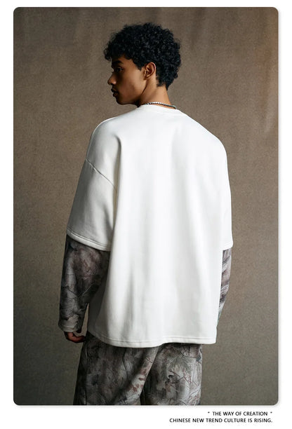 Custom LOGO Men's 2025 Autumn New 340G fleece-lined Fake Two-piece Camouflage Sweater T-Shirt Casual Pants Set