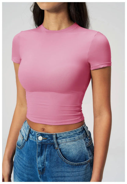 Women Solid Yoga Short Sleeve Breathable Sport T-Shirt Elastic Fitness Yoga Top Gym Shirts Female Casual Running Workout Clothes