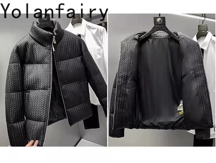 YOLANFAIRY Luxury Top Layer Sheepskin Leather Jackets for Man 2025 Winter Fashion White Goose Down Coat Warm Black Puffer Jacket