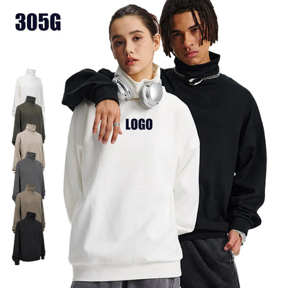 Custom LOGO Men's 305G Spring  Autumn New Cotton Polyester Turtleneck Casual Warm  High Elastic Couple Long Sleeve T-Shirt