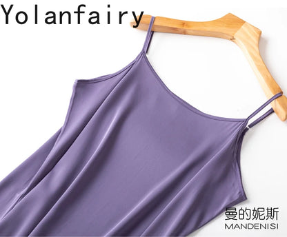 YOLANFAIRY 19momme 93% Mulberry Silk Spaghetti Strap Dress for Women Elegant Mid-length Sexy Real Silk Summer Dresses Woman 원피스