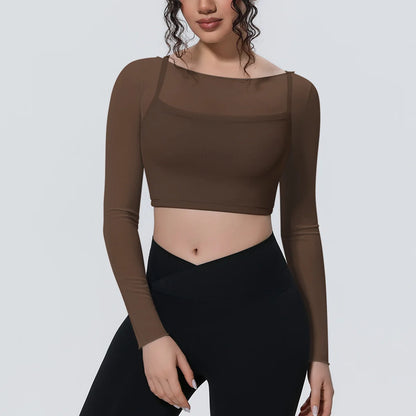 Hearuisavy Women's Mesh Long Sleeve Yoga Top With Padded Bra Fake Two Piece Gym Clothing Fitness Top Quick Dry Sports Crop Top