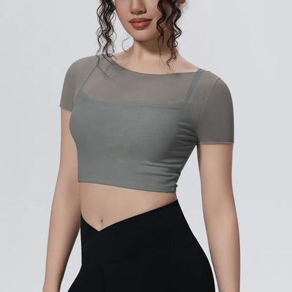 Hearuisavy Women's Mesh Short Sleeve Yoga Top With Padded Bra Fake Two Piece Gym Clothing Quick Dry Sports Crop Top Fitness Top