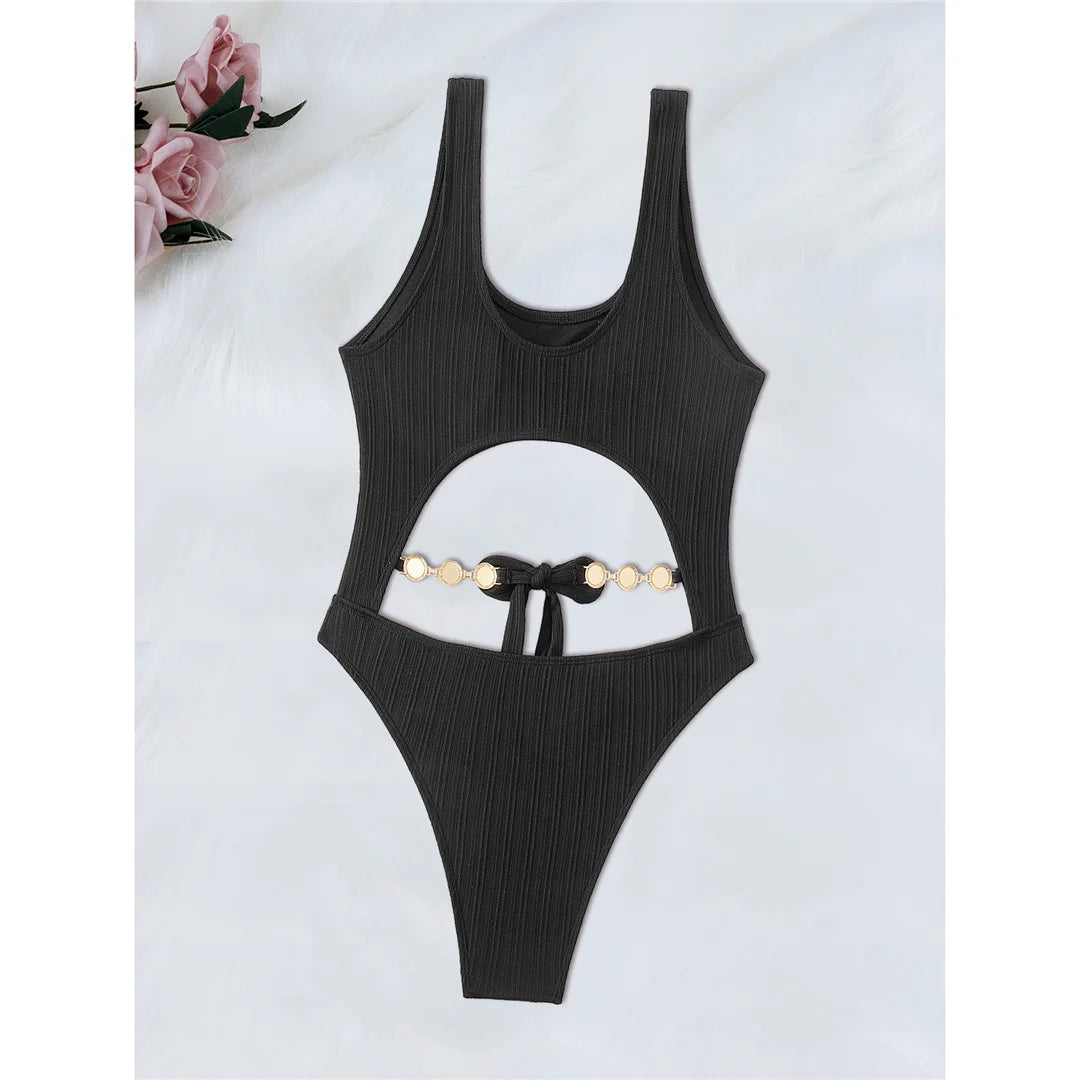 Diamond Rhinestones Tummy Cut Out Women Swimwear One Piece Swimsuit Female Knotted High Leg Cut Bather Bathing Suit Swim V6295