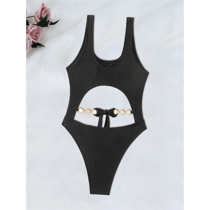 Diamond Rhinestones Tummy Cut Out Women Swimwear One Piece Swimsuit Female Knotted High Leg Cut Bather Bathing Suit Swim V6295