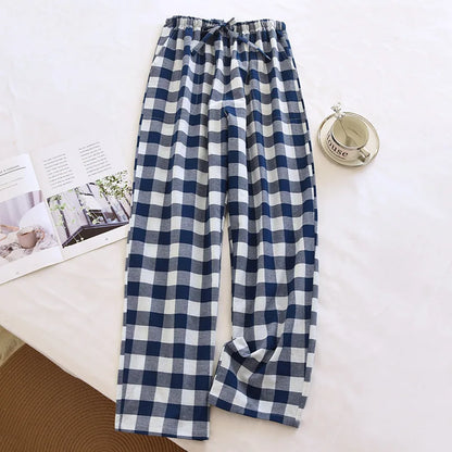 2026 New Spring and Autumn Men's Sleeper Pants 100% Cotton Gauze Japanese Checkered Pants Elastic Waist Home Pants Sleepwear