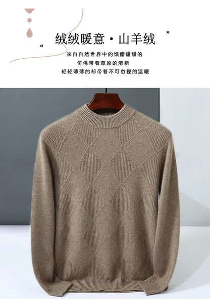 Autumn Winter New Style 100% Goat Cashmere Men's Mock Neck Diamond Knitted Base Shirt Casual Business Top Fashionable Knitwear