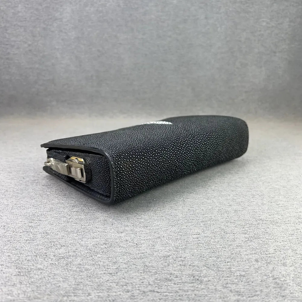 Authentic Sand Polish Stingray Skin Business Zip Lock Wristlet Clutch, Genuine Exotic Leather Black Card Purse for Men