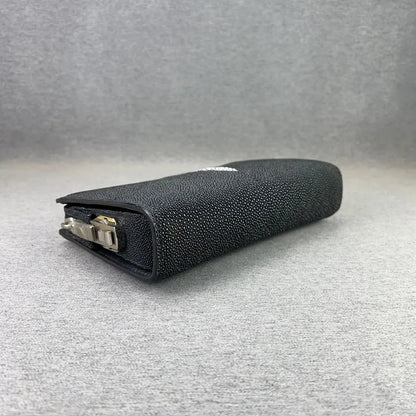Authentic Sand Polish Stingray Skin Business Zip Lock Wristlet Clutch, Genuine Exotic Leather Black Card Purse for Men