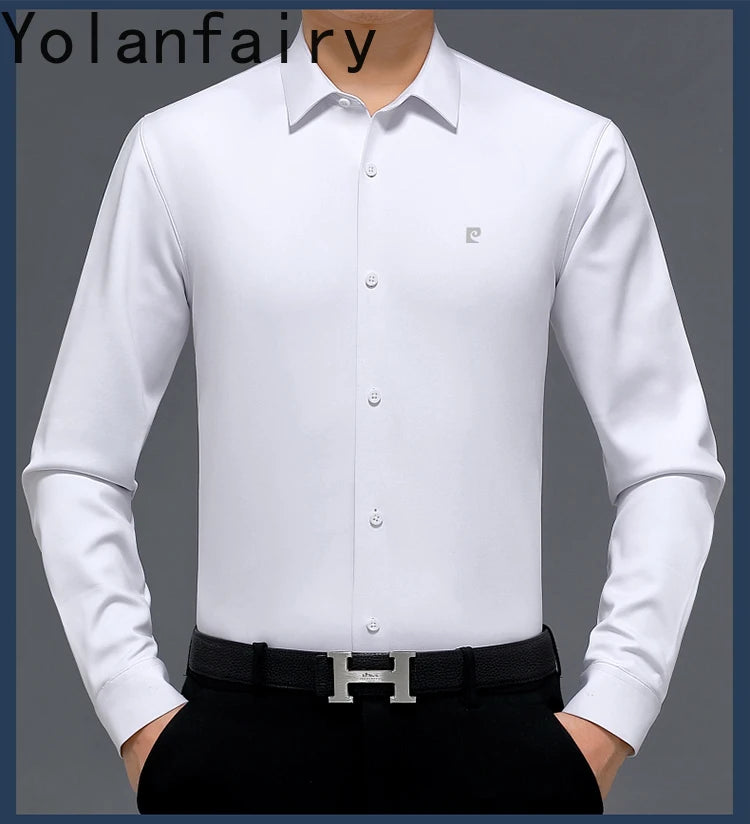 YOLANFAIRY 100% Mulberry Silk Long Sleeve Shirt Man Spring Autumn Casual Silk Mens Shirts Warm Male White Shirt chemises hommes