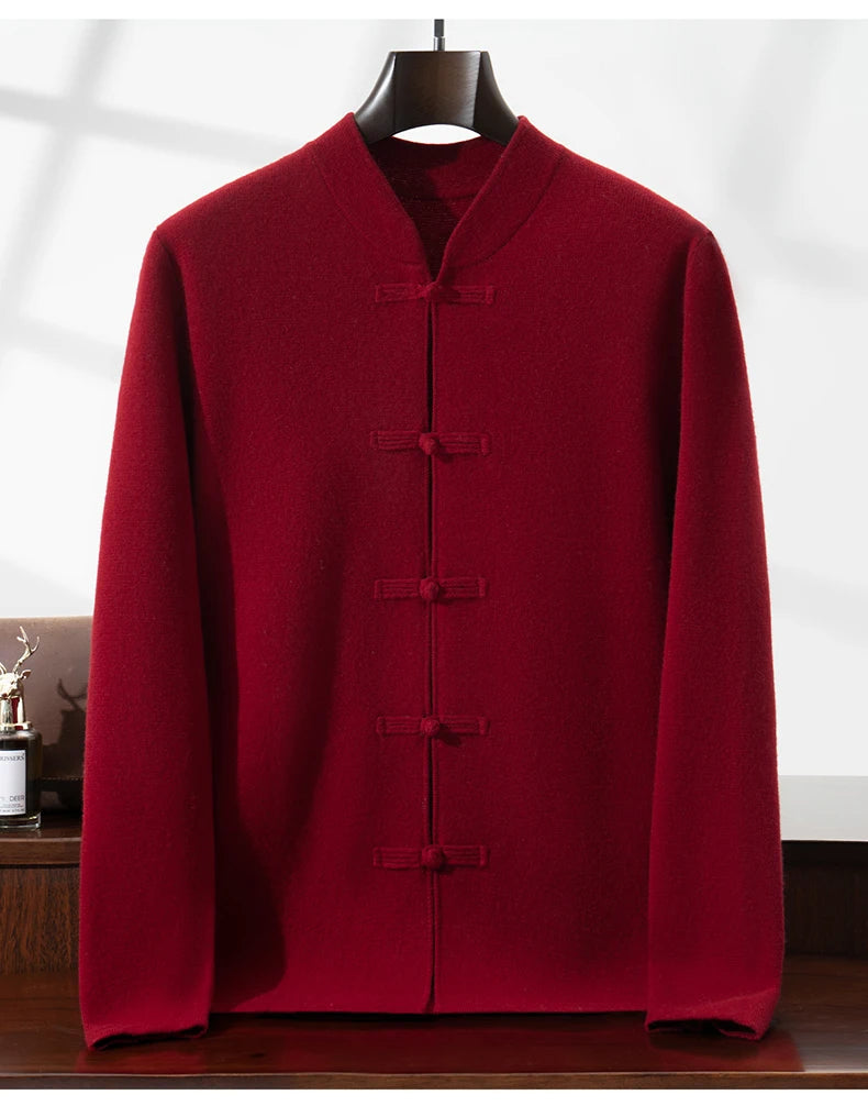 100%Pure Wool Chinese style buckle Cardigan Men Sweater Casual Comfort Knitted Long Sleeve Men's Wool Sweater Spring Autumn Coat