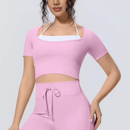 Yoga Sexy Dance Clothes High Elastic Sports T-shirt Women Fitness Top Short Sleeves Running Shirts Gym Push Up Workout Top Tee