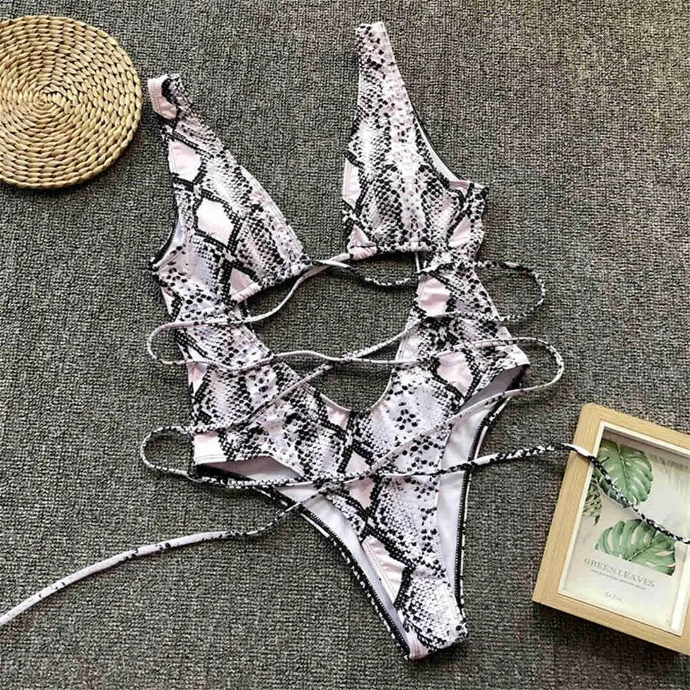 Sexy Bandage Wrap Around Tummy Cut Out Deep V Monokini One Piece Swimsuit Women Swimwear Female Bather Bathing Suit Swim V1037