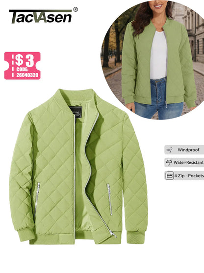 TACVASEN Padded Warm Jackets Womens Fashion Retro Pilot bomber Jackets Diamond Quilted Coats Full Zip Up Pockets Casual Outwear