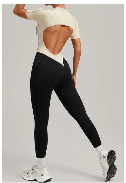 SOISOU Zipper Jumpsuit Women Nylon Clothing Sportswear Woman Gym Yoga Sport Sets Short Sleeve Workout Sets Women Tracksuit