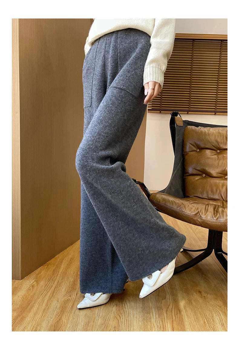 DjzDsm Women's Autumn Spring Knitted Floor-Length Wide Leg Pants 100% Merino Wool Long Trousers