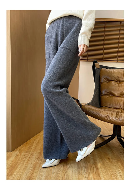 DjzDsm Women's Autumn Spring Knitted Floor-Length Wide Leg Pants 100% Merino Wool Long Trousers